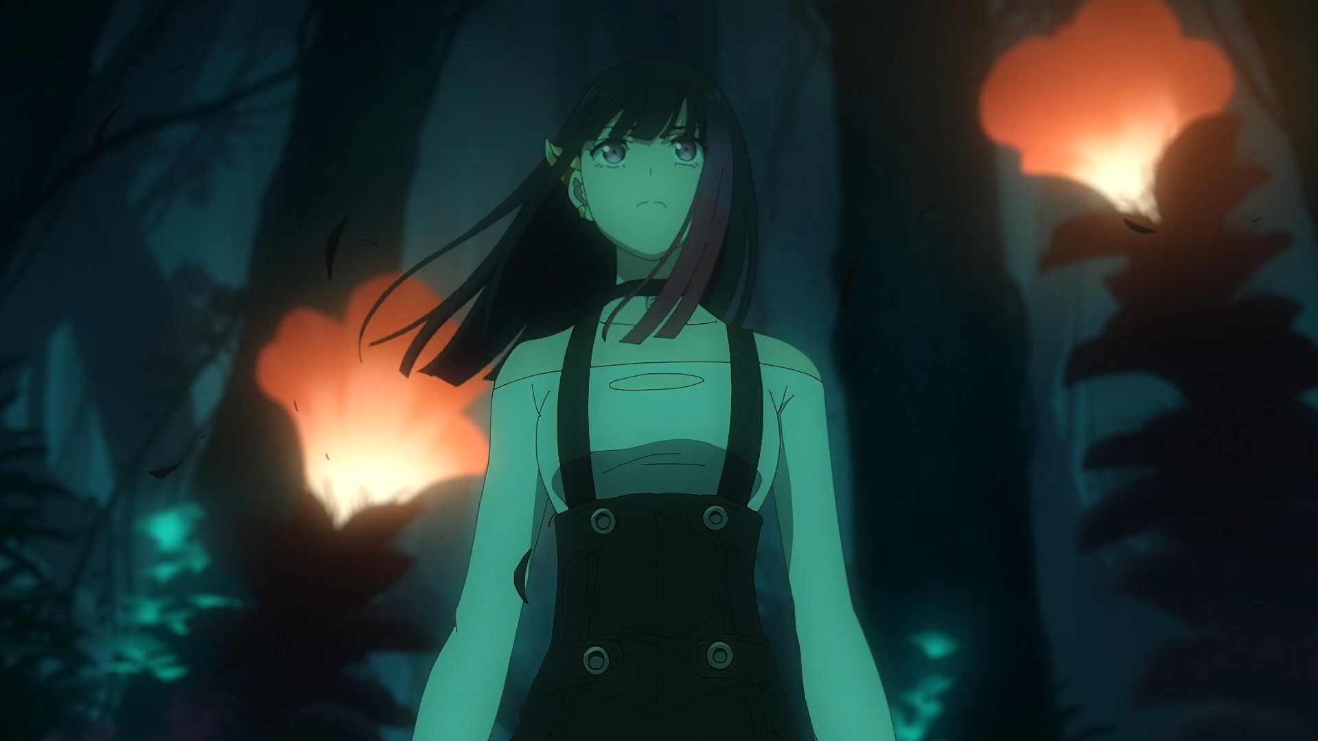 Anime character from Metallic Rouge in a forest with glowing red flowers, HD desktop wallpaper.