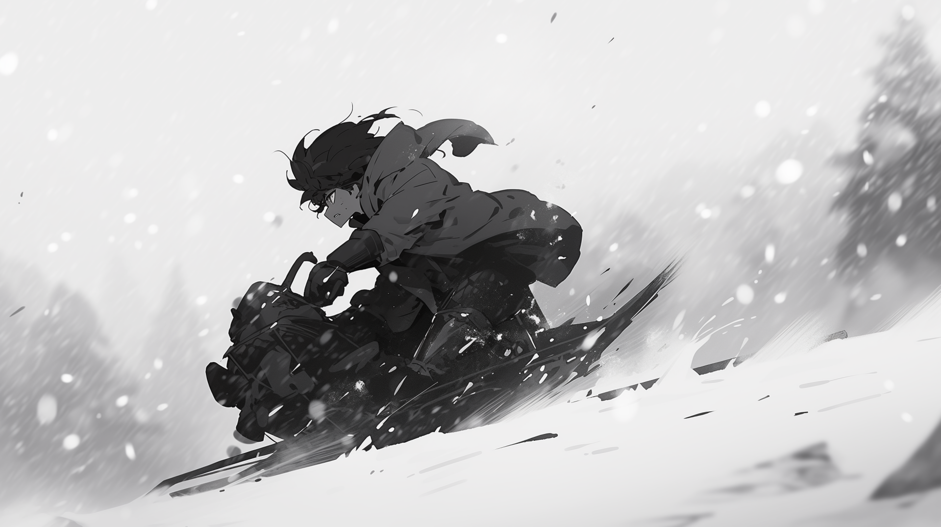 Monochrome HD desktop wallpaper featuring a dynamic illustration of a person sledding down a snow-covered hill, with snowflakes adding to the wintery atmosphere.
