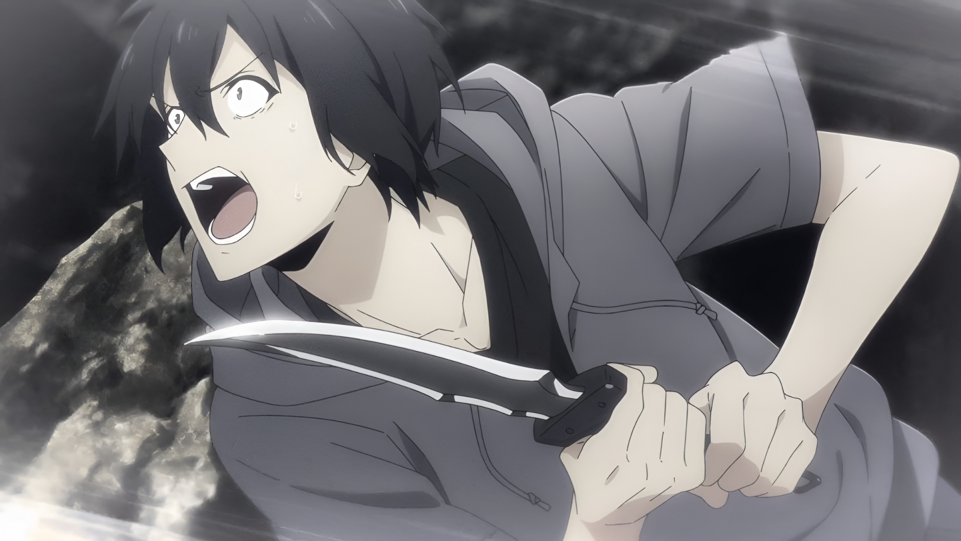 HD anime wallpaper featuring Sung Jin-Woo from Solo Leveling, depicted in intense action holding a dagger.