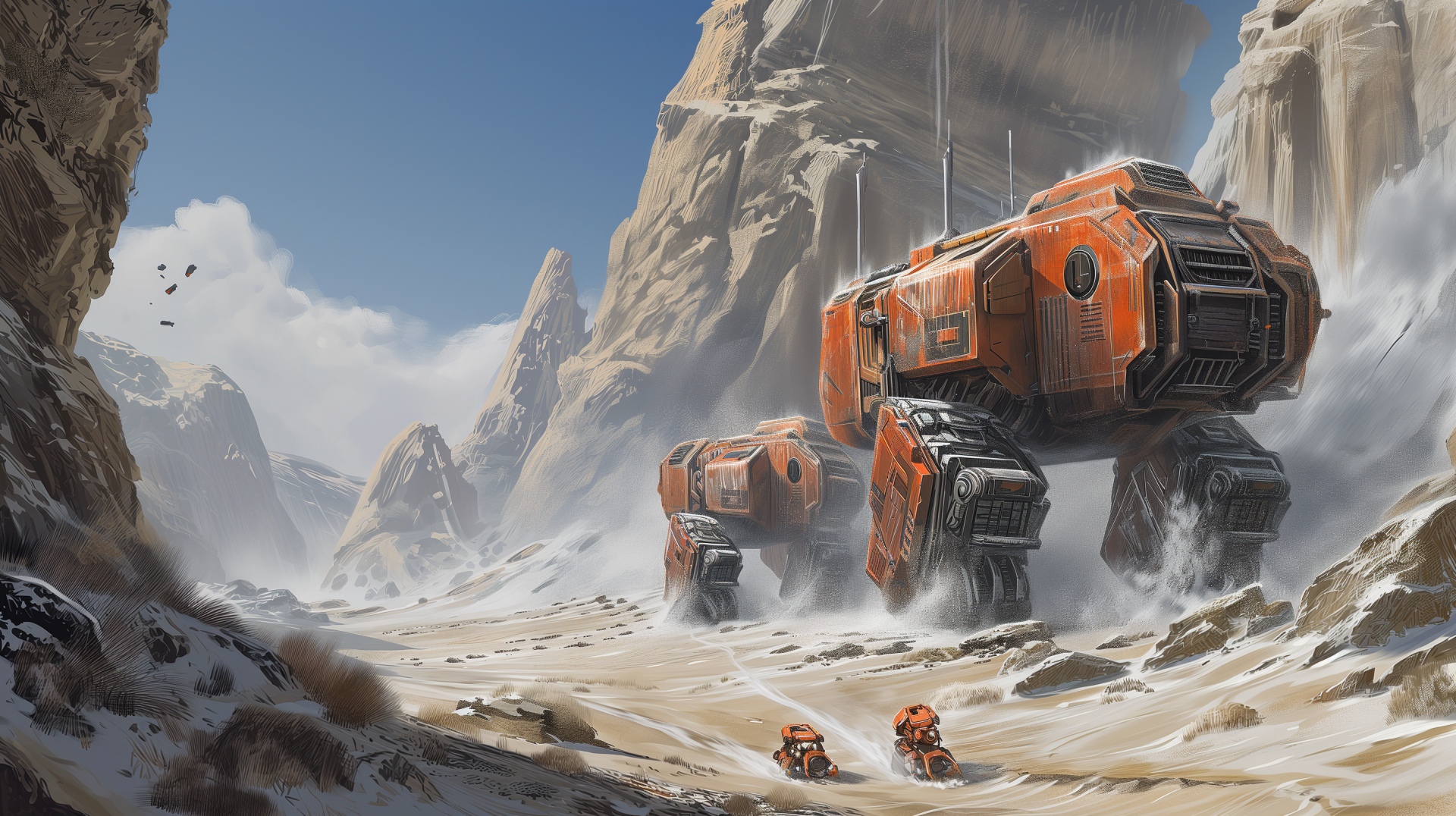 Sci-fi vehicles traversing a desert canyon HD wallpaper, futuristic orange sci-fi transport on an alien planet desktop background.