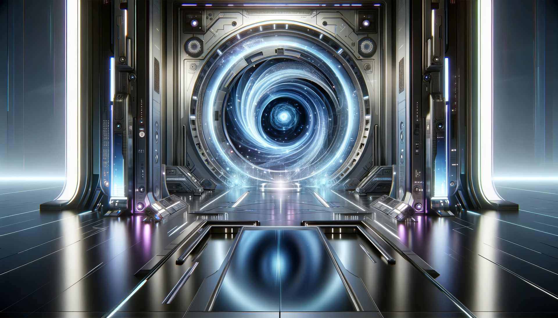 A futuristic sci-fi portal with glowing effects and sleek metallic structures. This HD desktop wallpaper creates a captivating background for any sci-fi enthusiast.