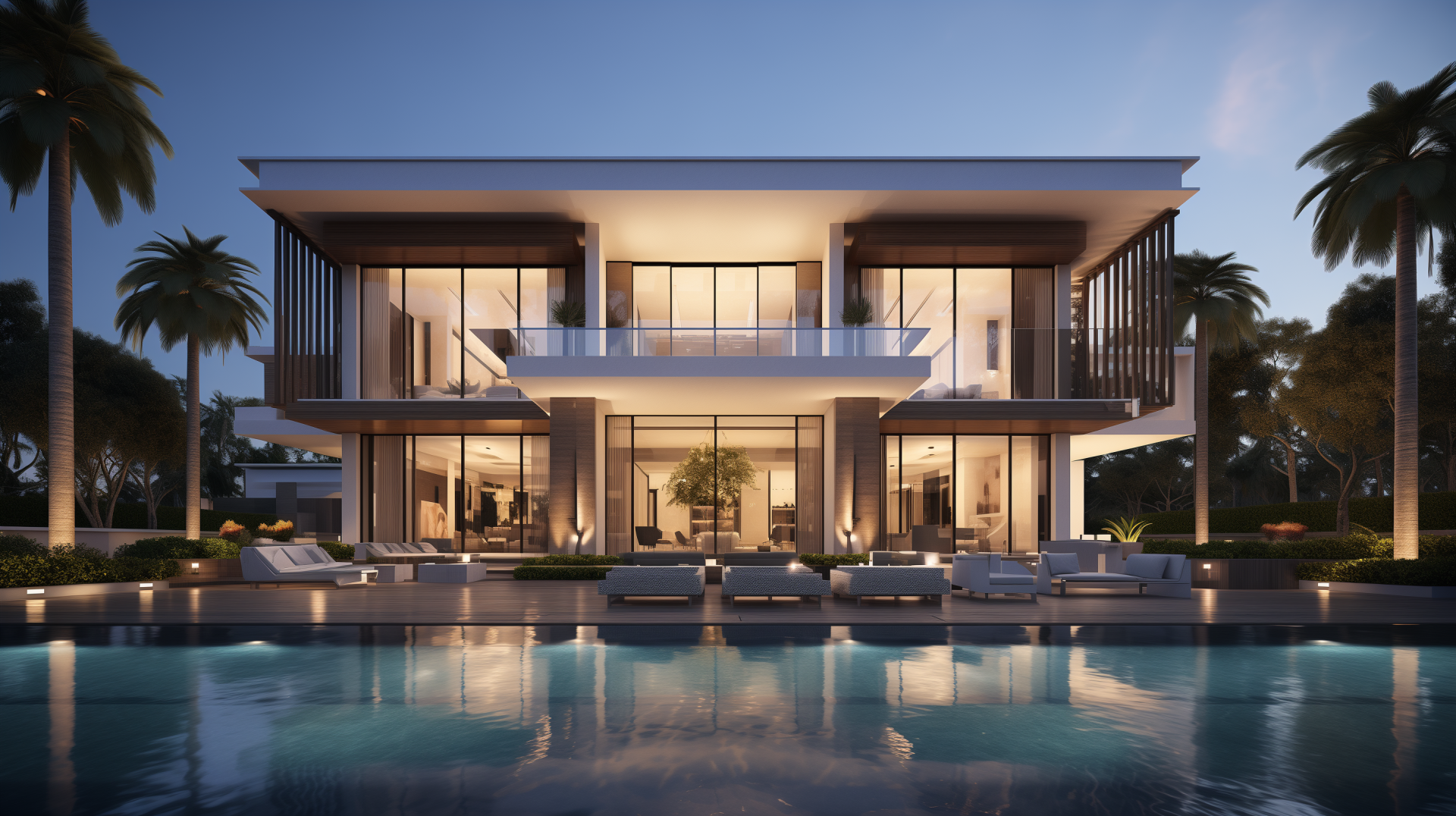 A stunning luxury modern home featuring expansive glass walls, a spacious pool, and lush palm trees, creating an inviting atmosphere for relaxation and elegance. HD desktop wallpaper.