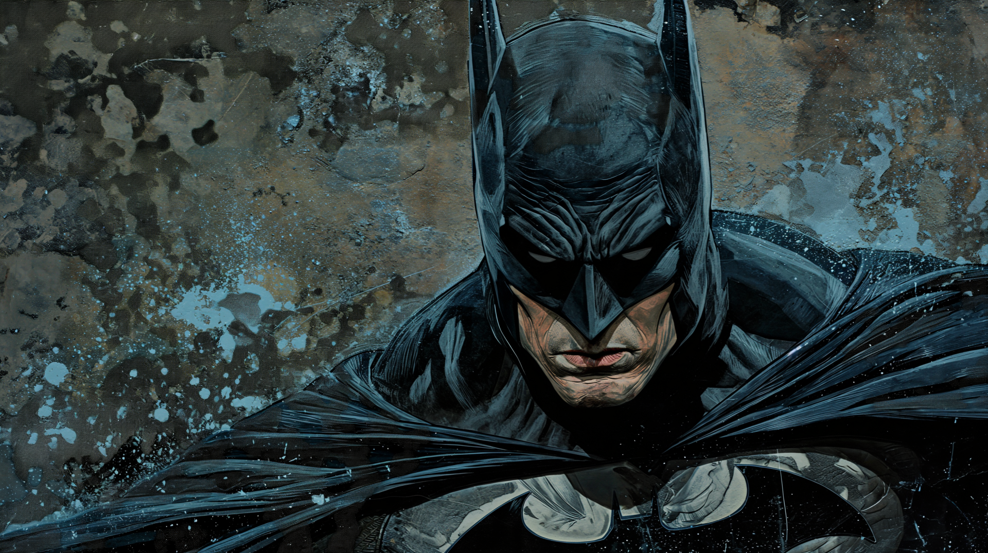 A striking HD desktop wallpaper featuring Batman from the comic universe, showcasing his intense expression against a textured, dark background.