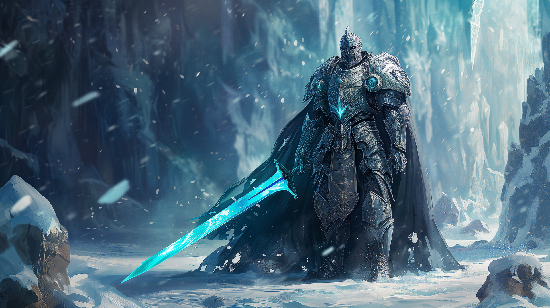 HD desktop wallpaper featuring a fantasy knight in armor with a glowing blue sword in an icy forest setting.