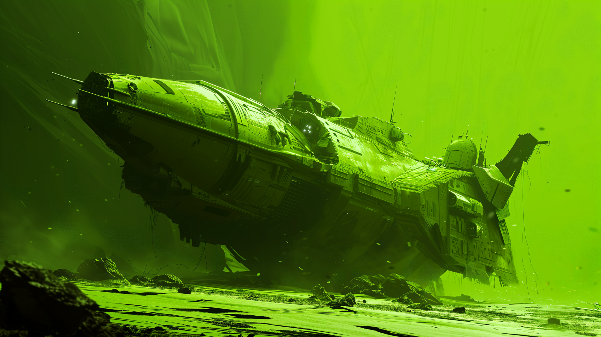 A crashed spaceship submerged in a vibrant green landscape, featuring a striking sci-fi aesthetic. This image serves as an engaging HD desktop wallpaper.
