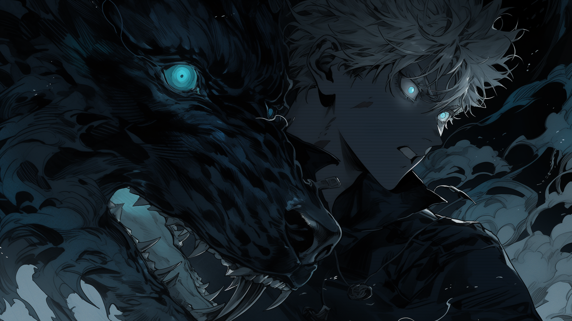 HD anime desktop wallpaper featuring Satoru Gojo from Jujutsu Kaisen, set against a dark, mystical backdrop with a menacing creature.