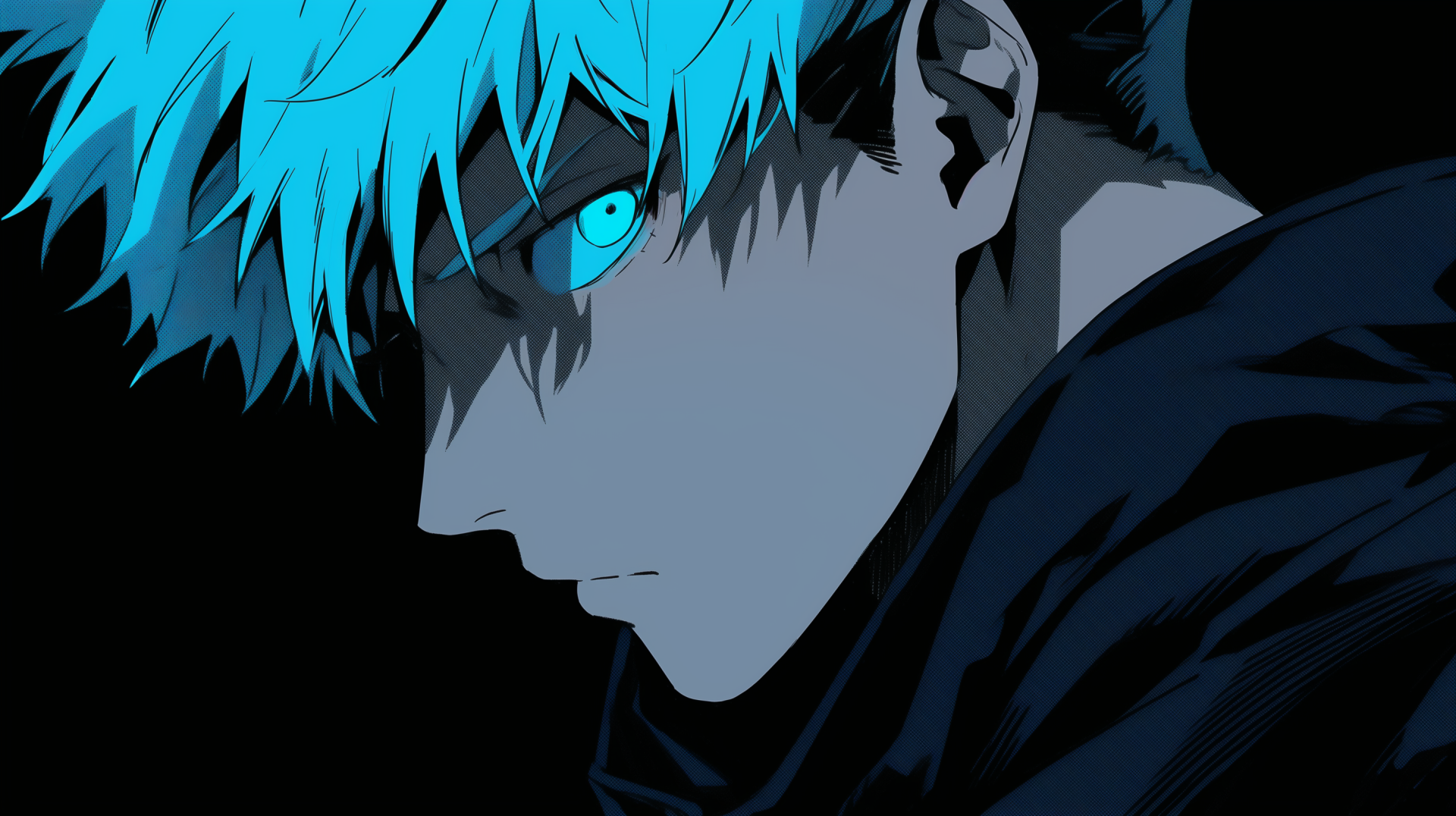 HD wallpaper featuring Satoru Gojo from the anime Jujutsu Kaisen, showcasing his striking blue hair and intense gaze against a dark background.