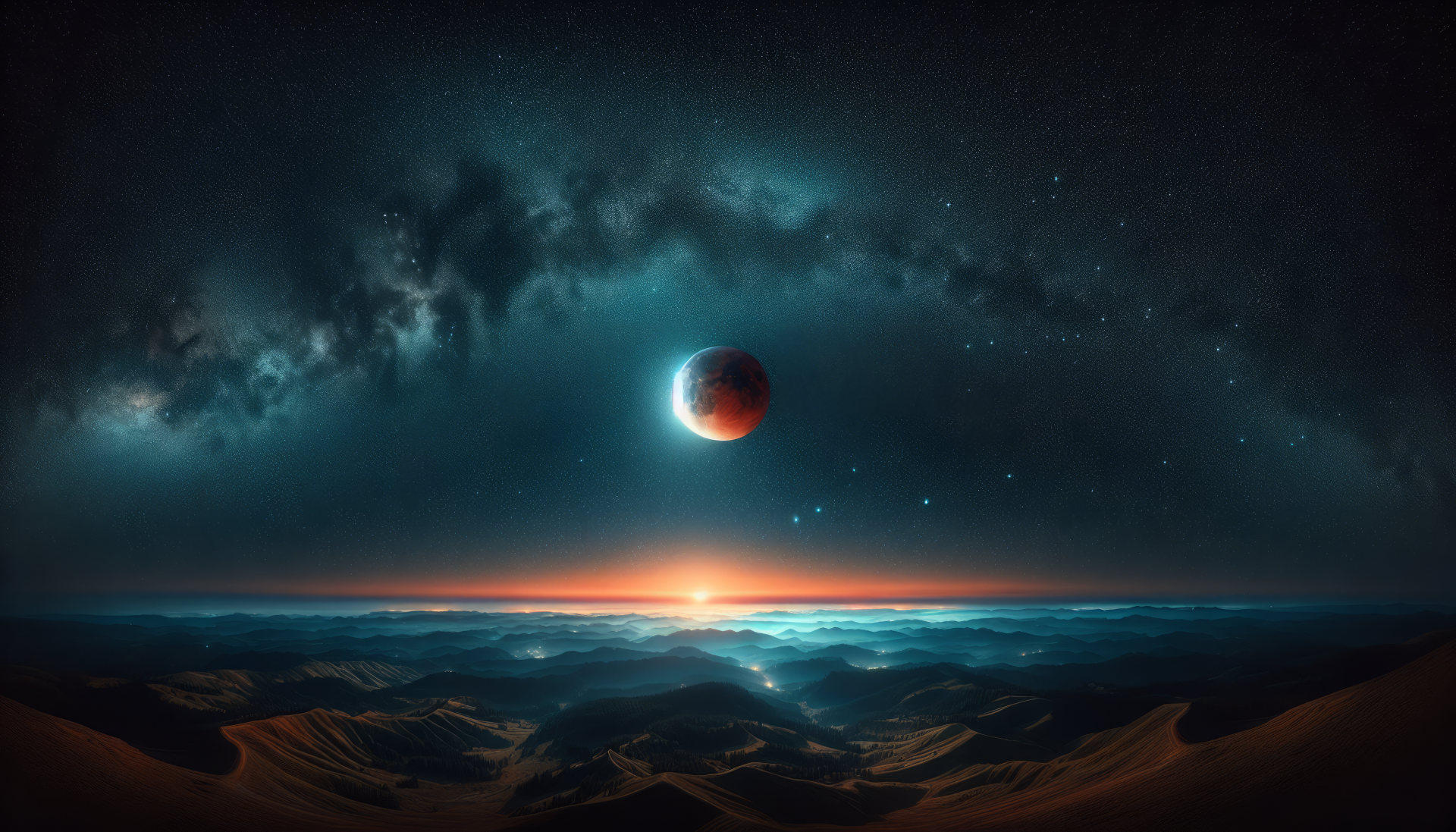 HD wallpaper featuring a stunning lunar eclipse above a desert landscape with starry night sky background for desktop.