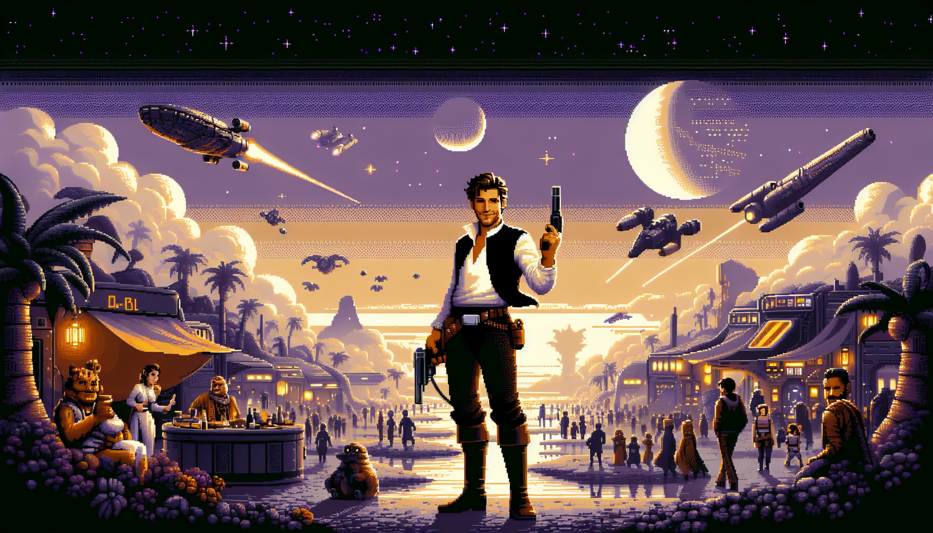 HD pixel art wallpaper featuring a confident character resembling Han Solo with a blaster in hand, set against a vibrant sci-fi backdrop with spaceships and an alien sunset.