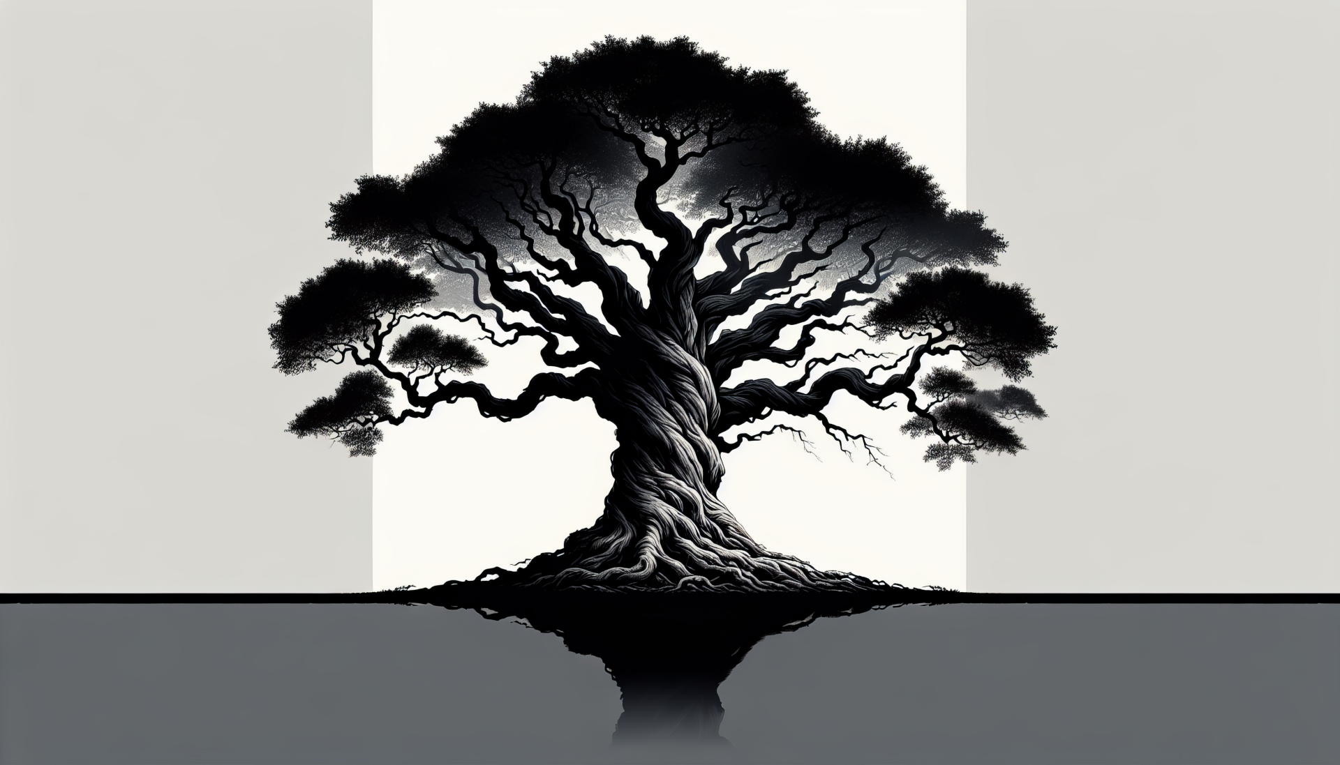 Stunning HD desktop wallpaper featuring a monochrome illustration of a majestic tree with intricate branches and a mirrored reflection on a sleek surface.