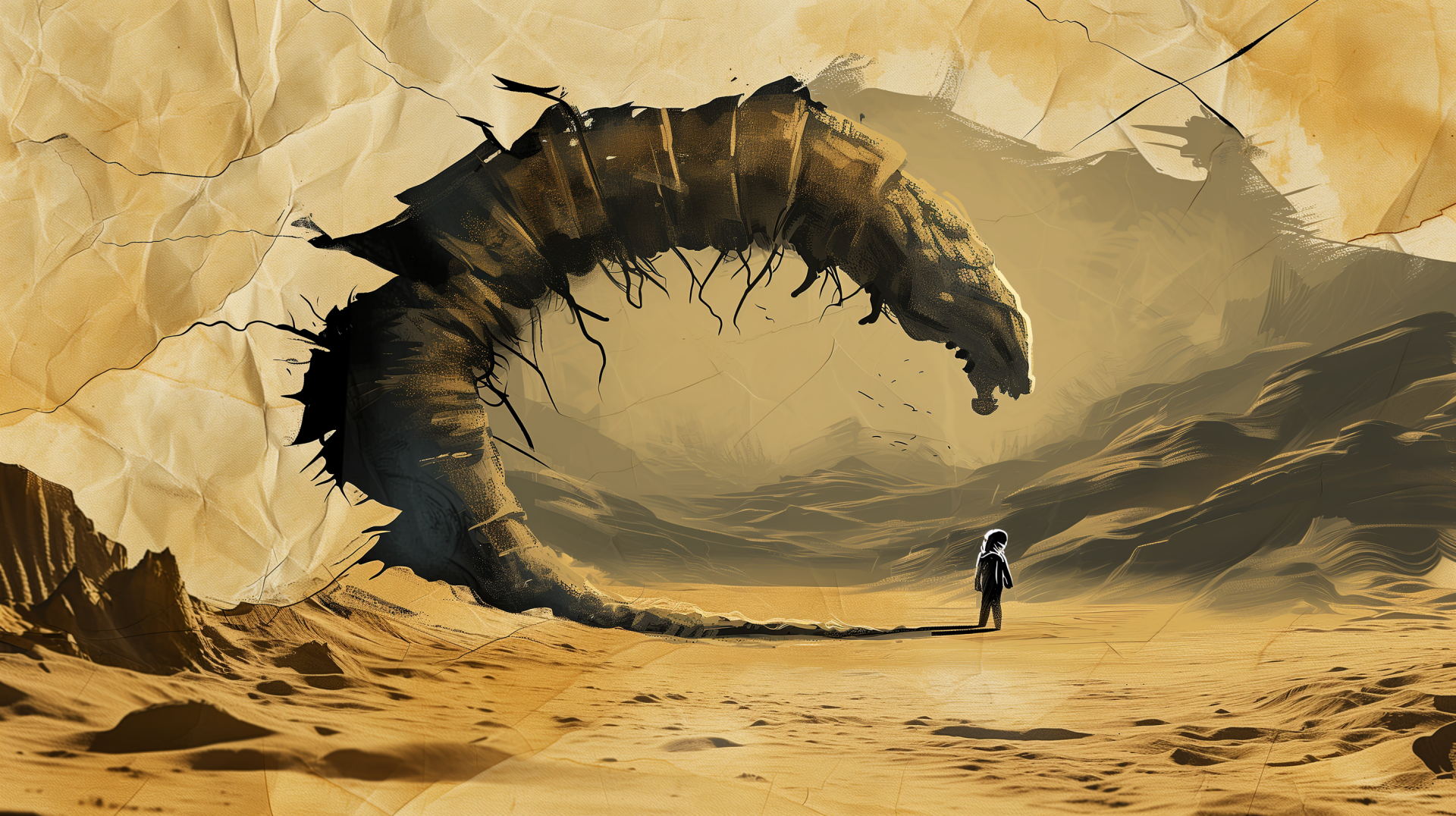 HD wallpaper featuring a massive sandworm emerging from desert dunes with a solitary figure standing in the foreground for desktop background.