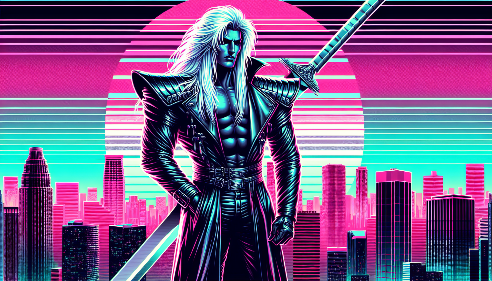 HD wallpaper of Sephiroth from Final Fantasy with a vibrant neon cityscape background for desktop.