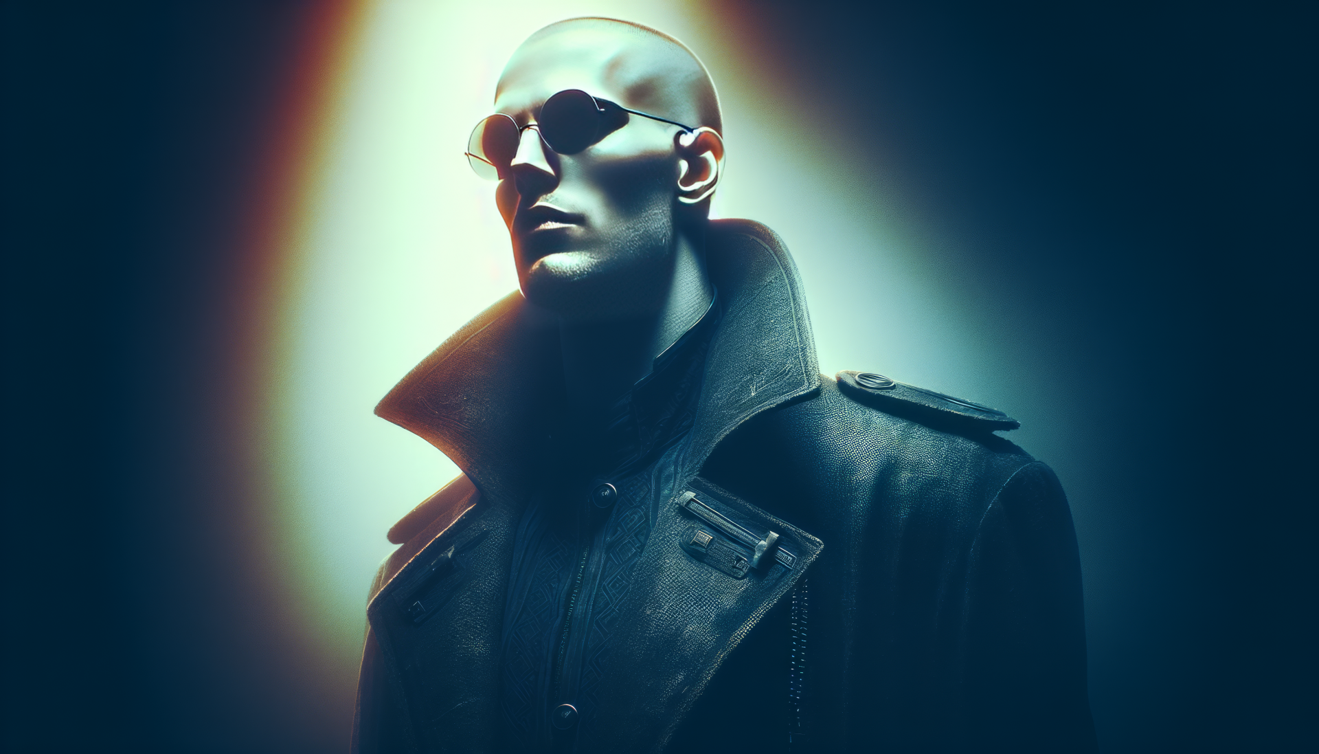 Stylish HD wallpaper featuring a mysterious figure in sunglasses and leather jacket with a dramatic backlight.