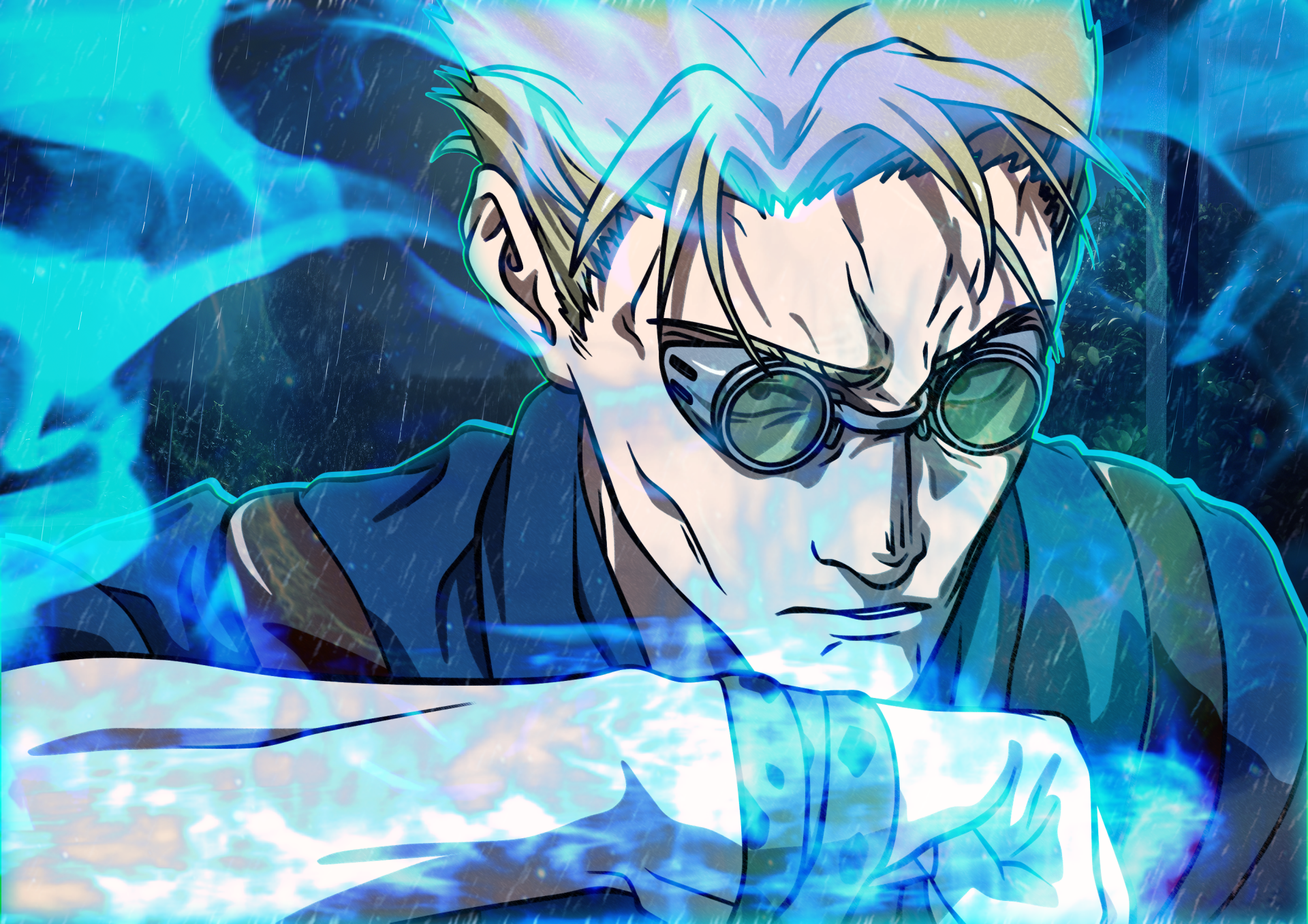 HD anime desktop wallpaper featuring Kento Nanami from Jujutsu Kaisen enveloped in glowing blue energy.