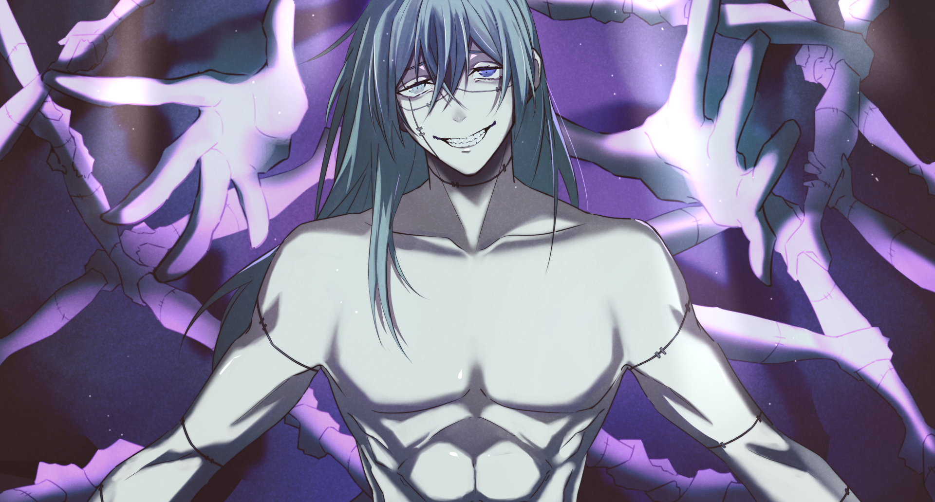 HD anime desktop wallpaper featuring Mahito from Jujutsu Kaisen with a sinister smile and glowing hands against a dark, purple background.