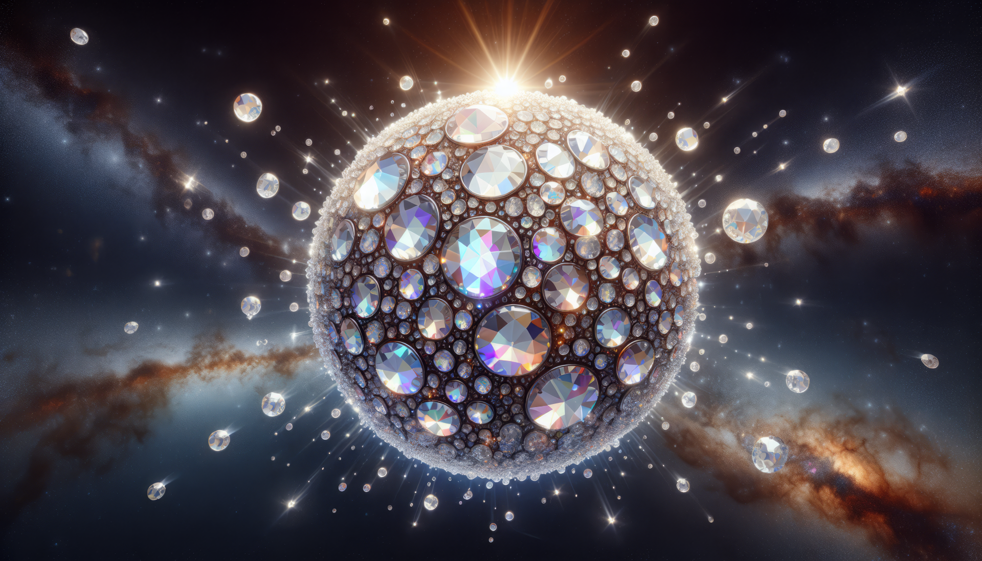 HD wallpaper featuring a sparkling, crystalline sphere amidst a cosmic backdrop with stars and nebulae.