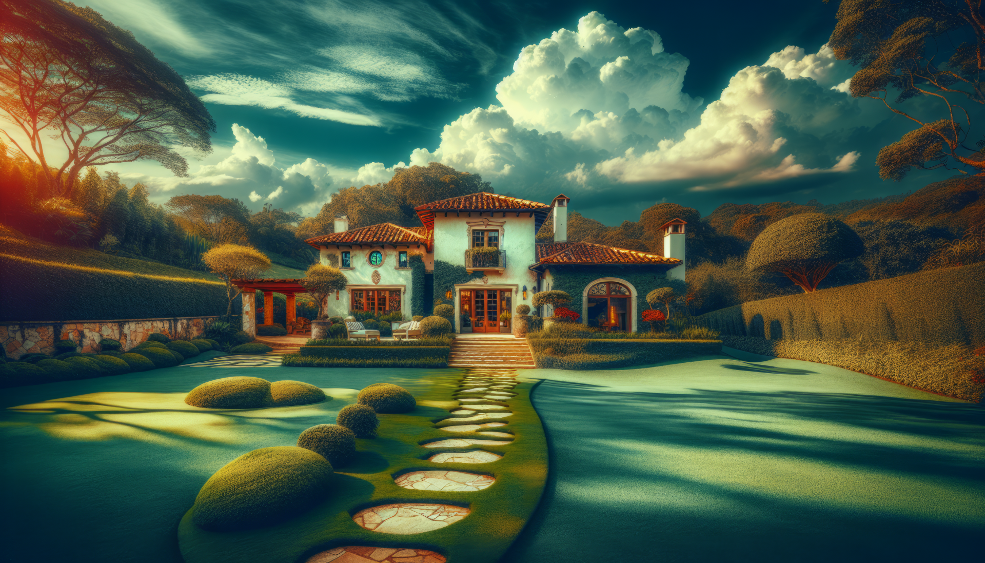 HD wallpaper of a picturesque villa with a lush garden and stepping stone path under a dramatic sky.
