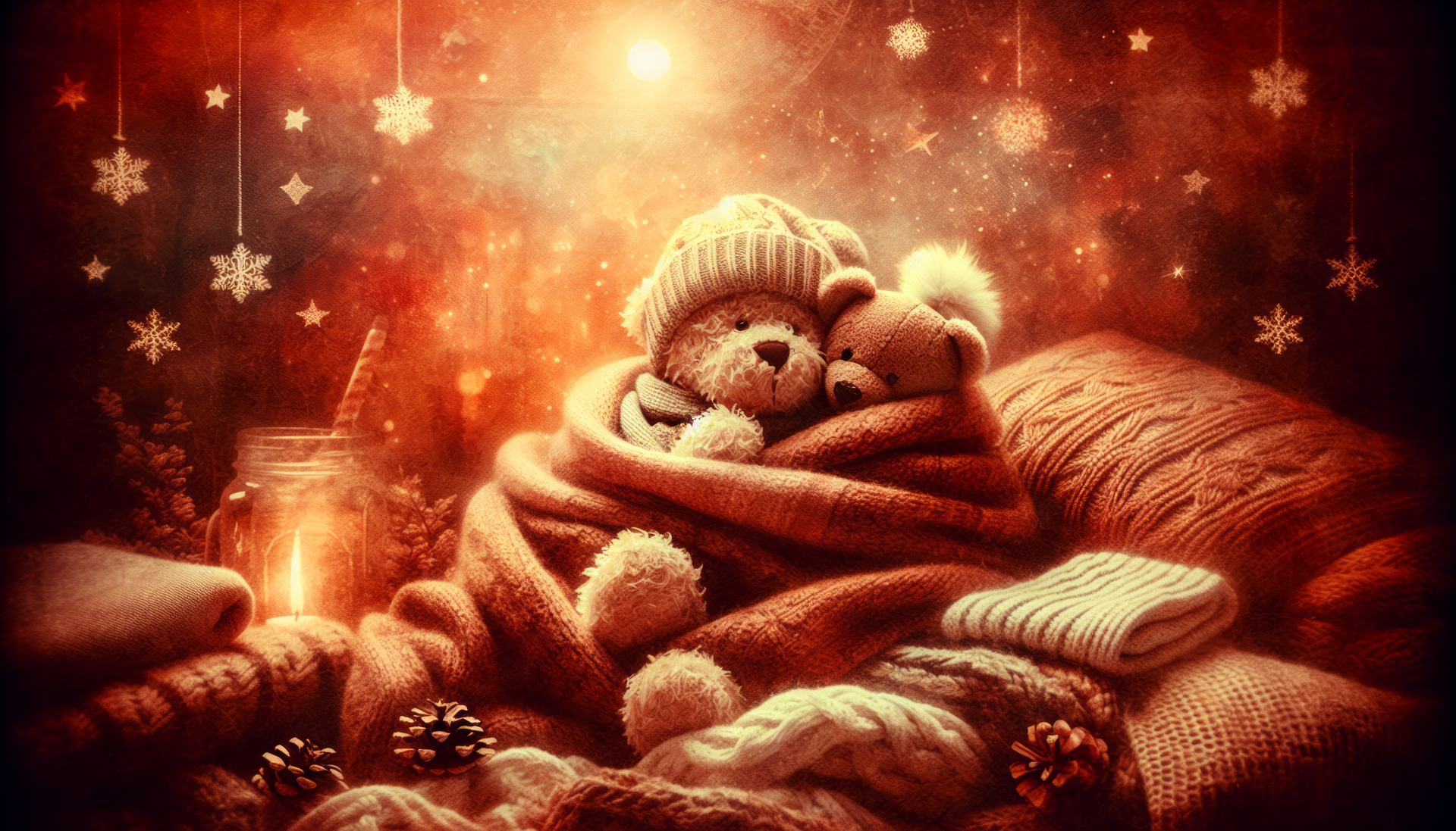 Cozy HD wallpaper featuring a teddy bear cuddling with a smaller teddy in a warmly knit blanket and winter hat, with a magical, starry background.