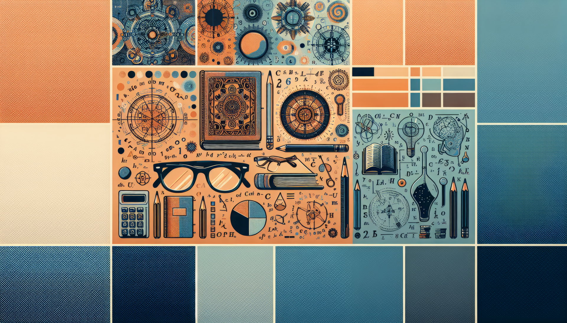 HD nerd-themed desktop wallpaper with a creative collage of vintage gears, mathematical equations, retro eyeglasses, and scientific instruments set against a geometric blue and orange patterned background.