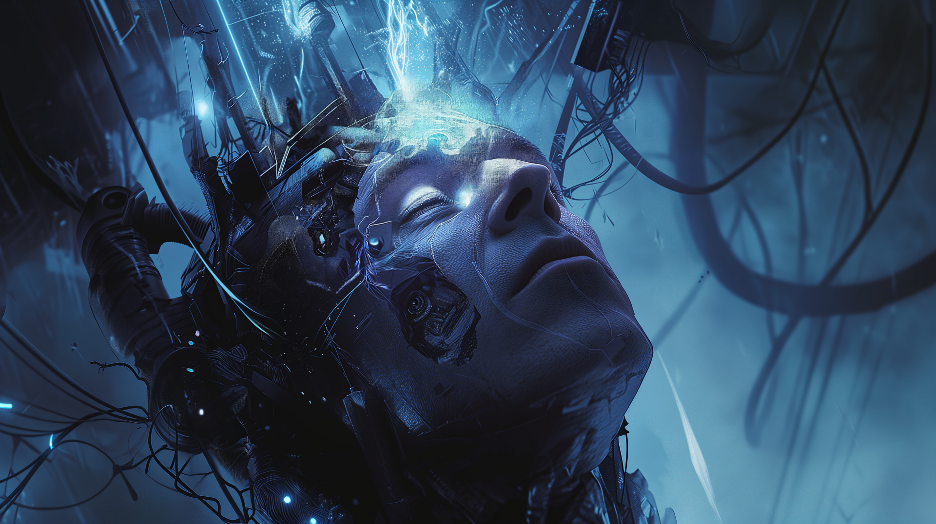 HD wallpaper featuring a headshot of an android with glowing blue circuits and wires, depicting advanced artificial intelligence technology.