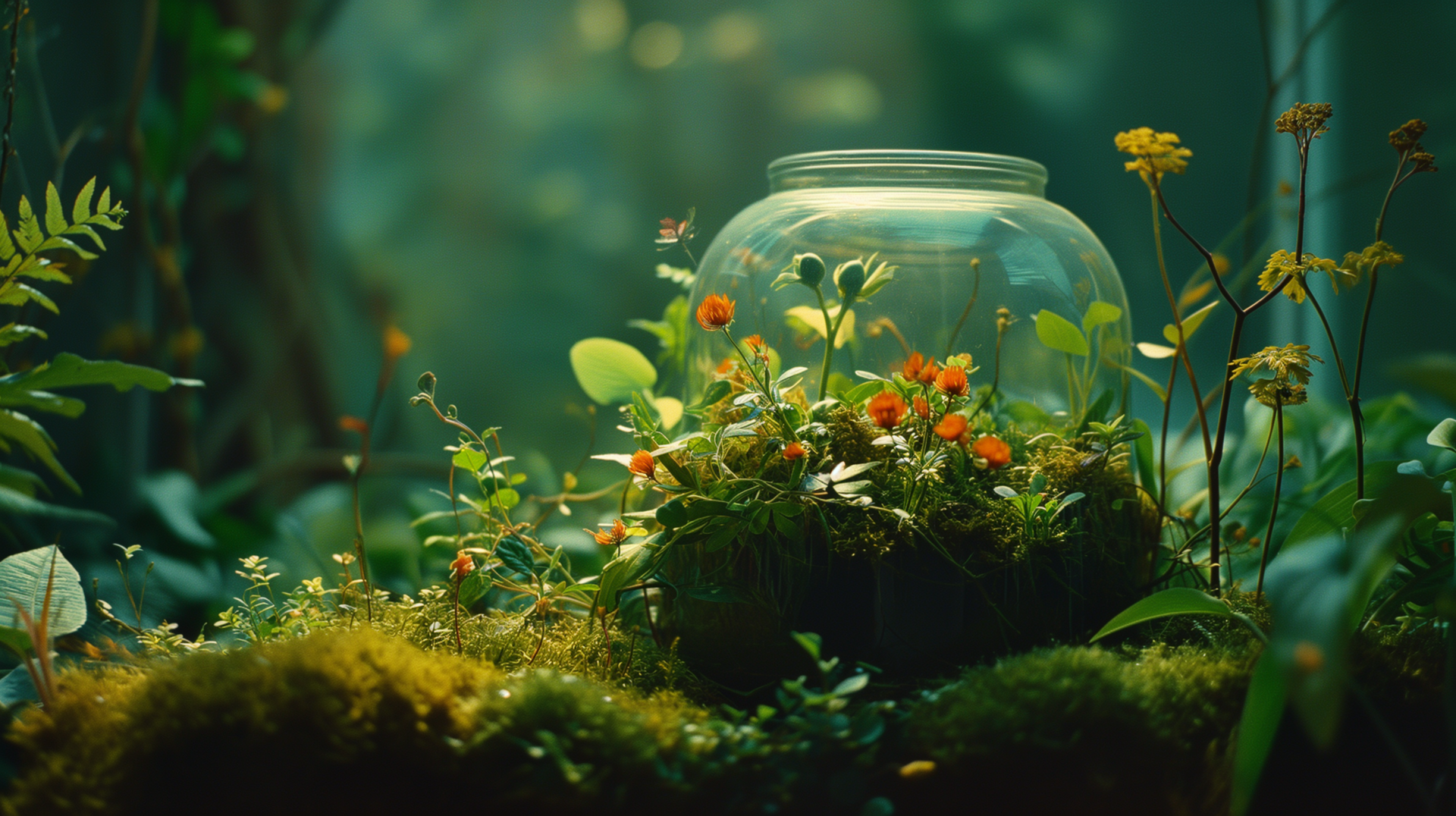 HD desktop wallpaper featuring a serene terrarium with lush greenery and vibrant flowers inside a glass jar, set against a soft, bokeh background.
