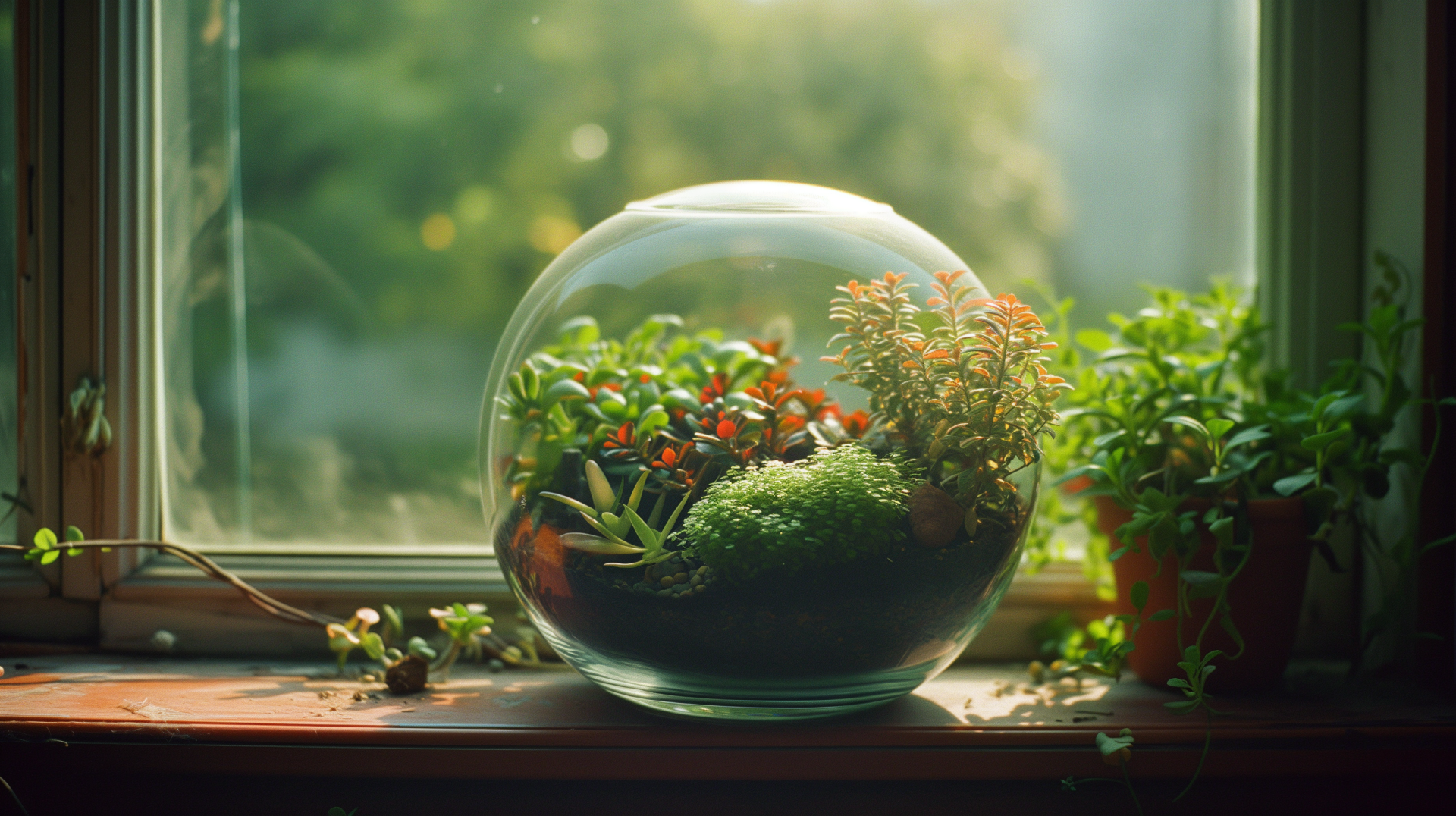 HD desktop wallpaper featuring a vibrant terrarium with lush plants, sitting on a sunlit windowsill.