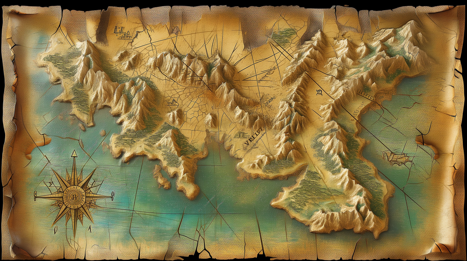 A detailed treasure map featuring mountains, islands, and a compass rose, presented as a high-definition desktop wallpaper and background.