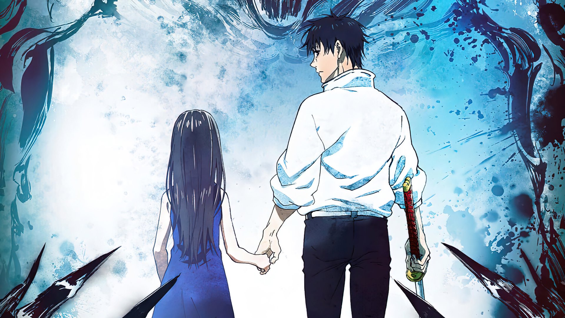HD wallpaper featuring Yuta Okkotsu from Jujutsu Kaisen 0 anime, standing with a mysterious girl, holding hands against a dynamic blue energy backdrop.