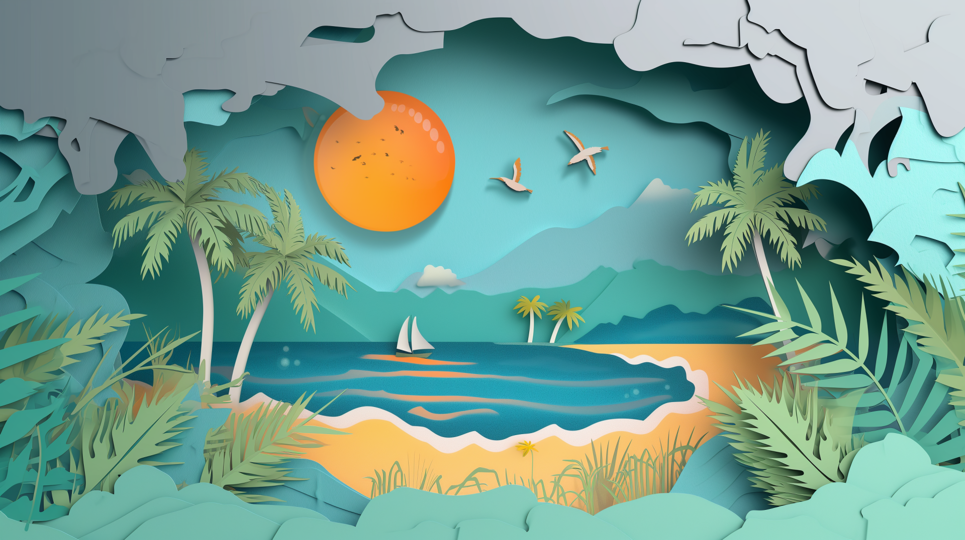 A vibrant HD wallpaper depicting a dream vacation scene, featuring a serene beach with palm trees, a sailing boat, and a bright sun against a backdrop of mountains and birds flying.