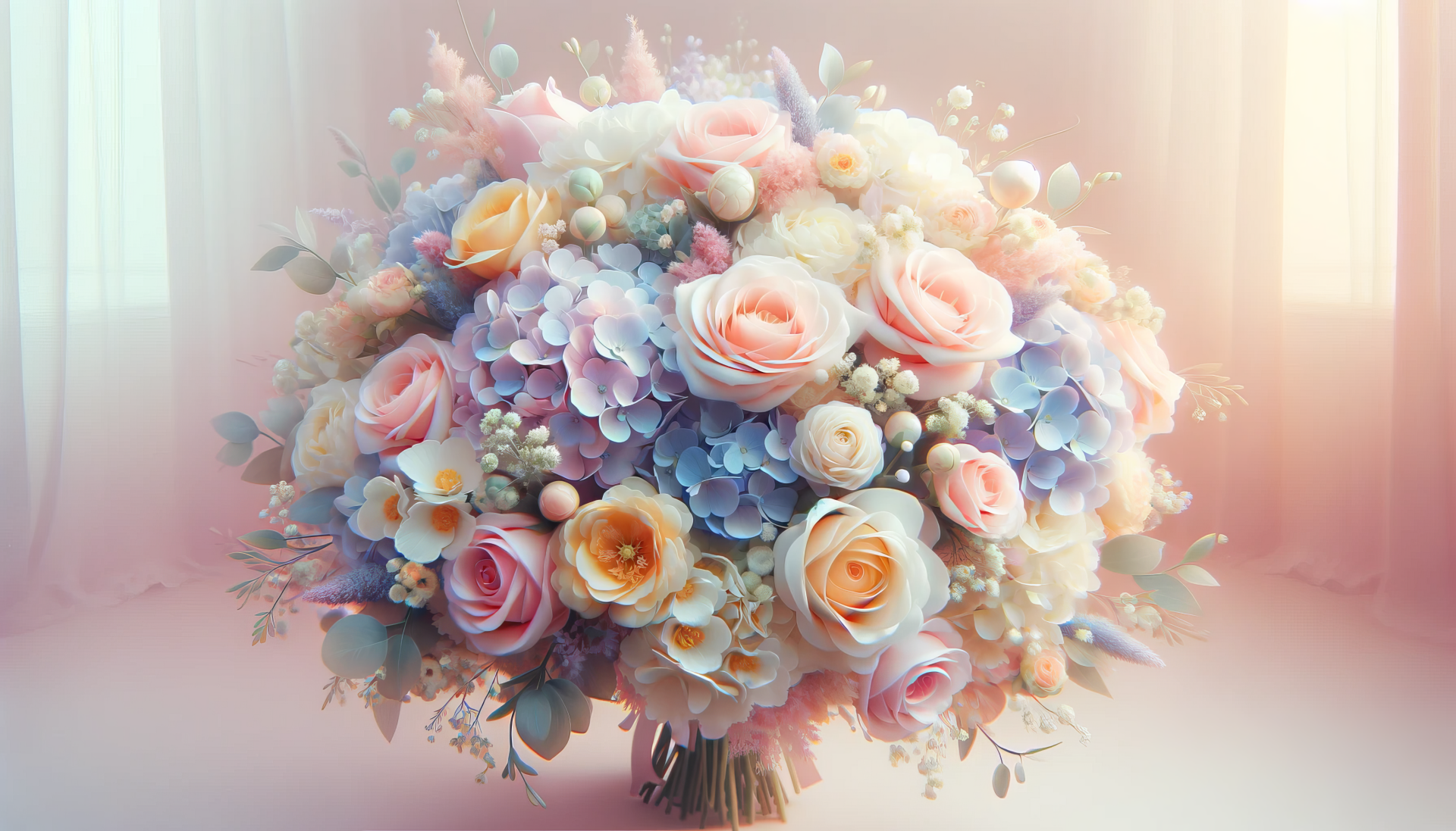 A beautifully arranged wedding bouquet featuring pastel roses, hydrangeas, and decorative elements, presented as a stunning HD desktop wallpaper.