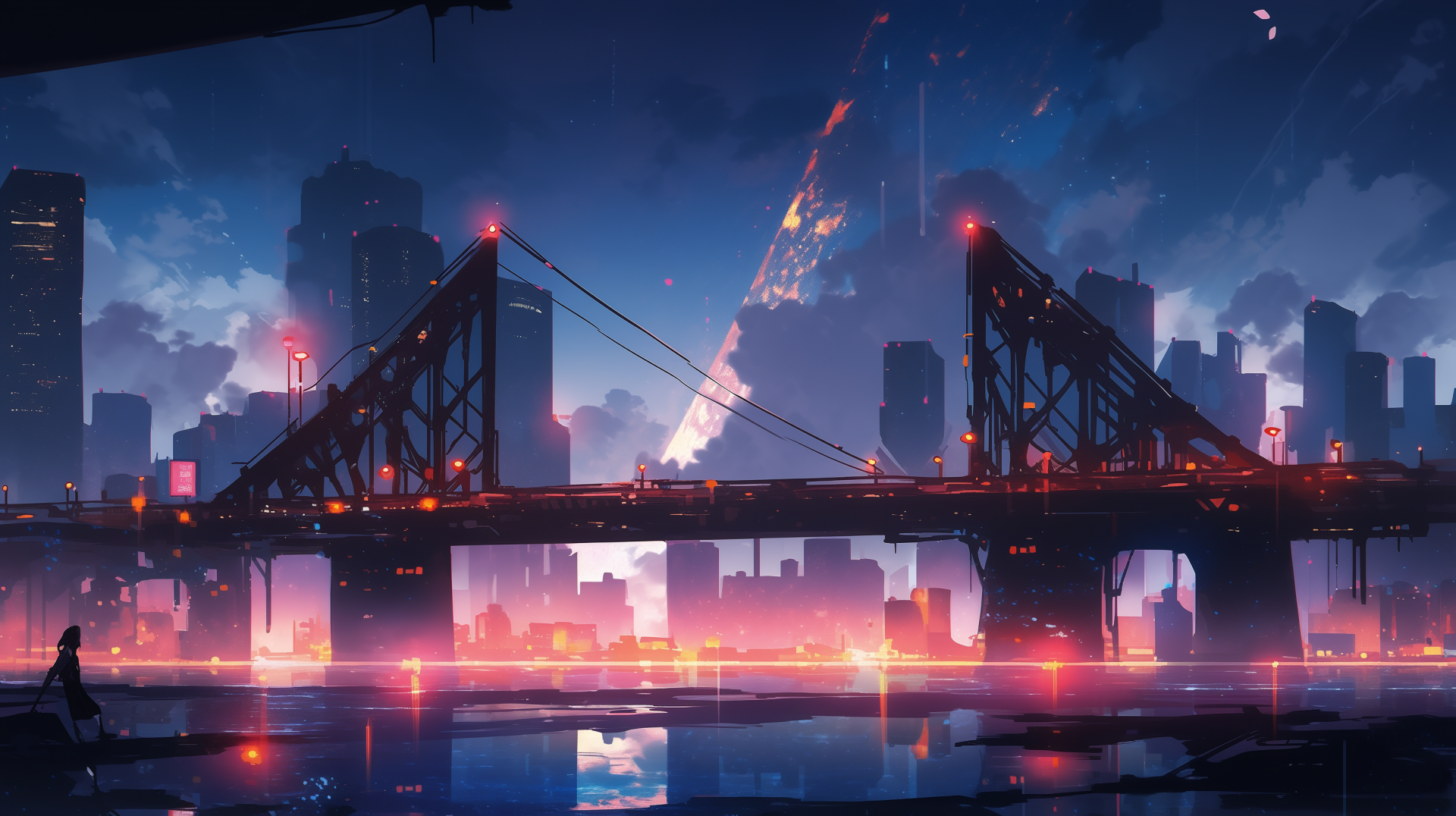 HD anime-style desktop wallpaper featuring a bridge in a futuristic city with vibrant colors and a dynamic skyline.