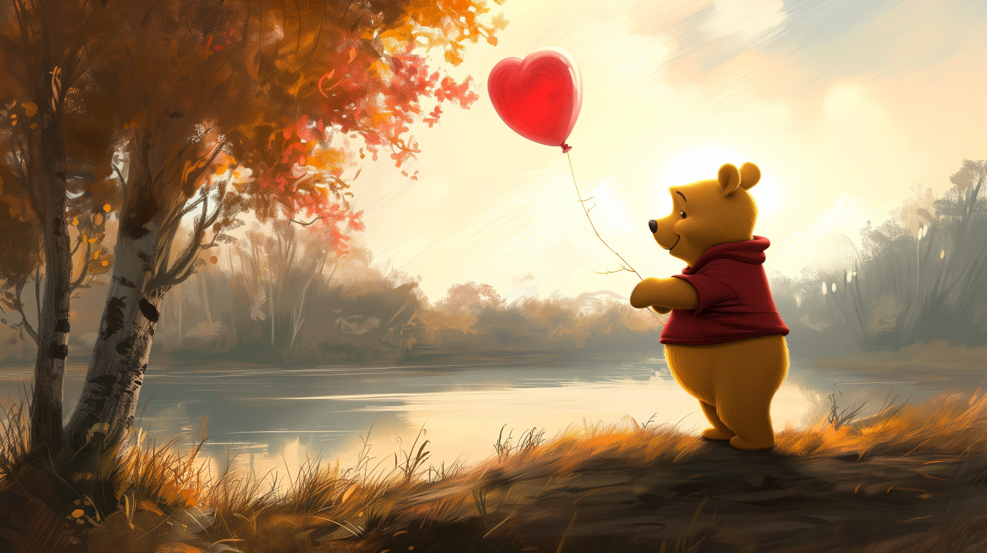 Winnie the Pooh with a red heart balloon HD desktop wallpaper, showcasing a cute scene from the beloved TV show amidst an autumnal setting.