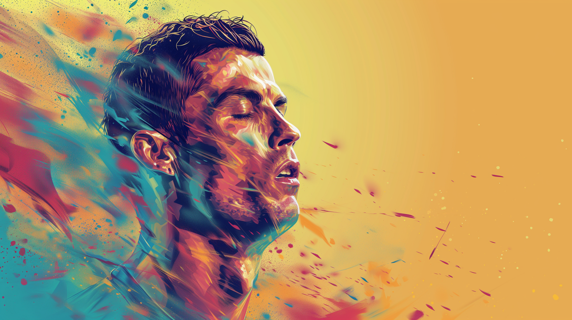 HD desktop wallpaper featuring a stylized illustration of a soccer player against a vibrant, abstract background.
