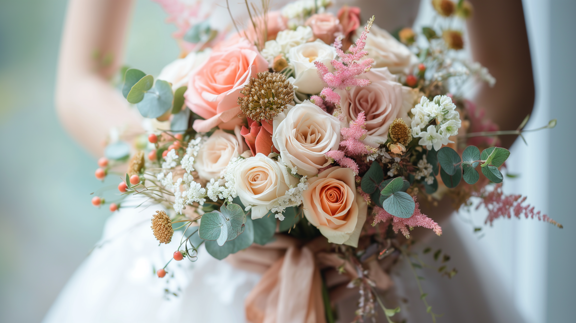 Bride holding a delicate wedding bouquet with pink and cream roses, complemented by greenery and subtle wildflowers, set against a blurred background for a romantic HD desktop wallpaper.
