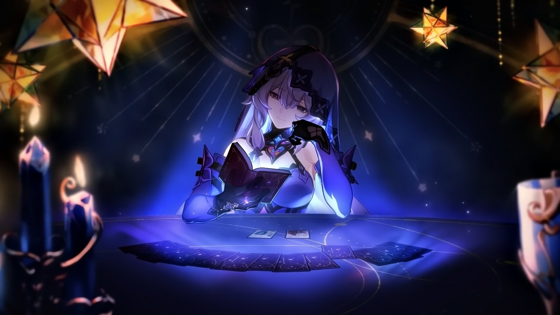 4K Ultra HD desktop wallpaper featuring Black Swan from Honkai: Star Rail, surrounded by glowing stars and playing cards in a dark, mystical setting.