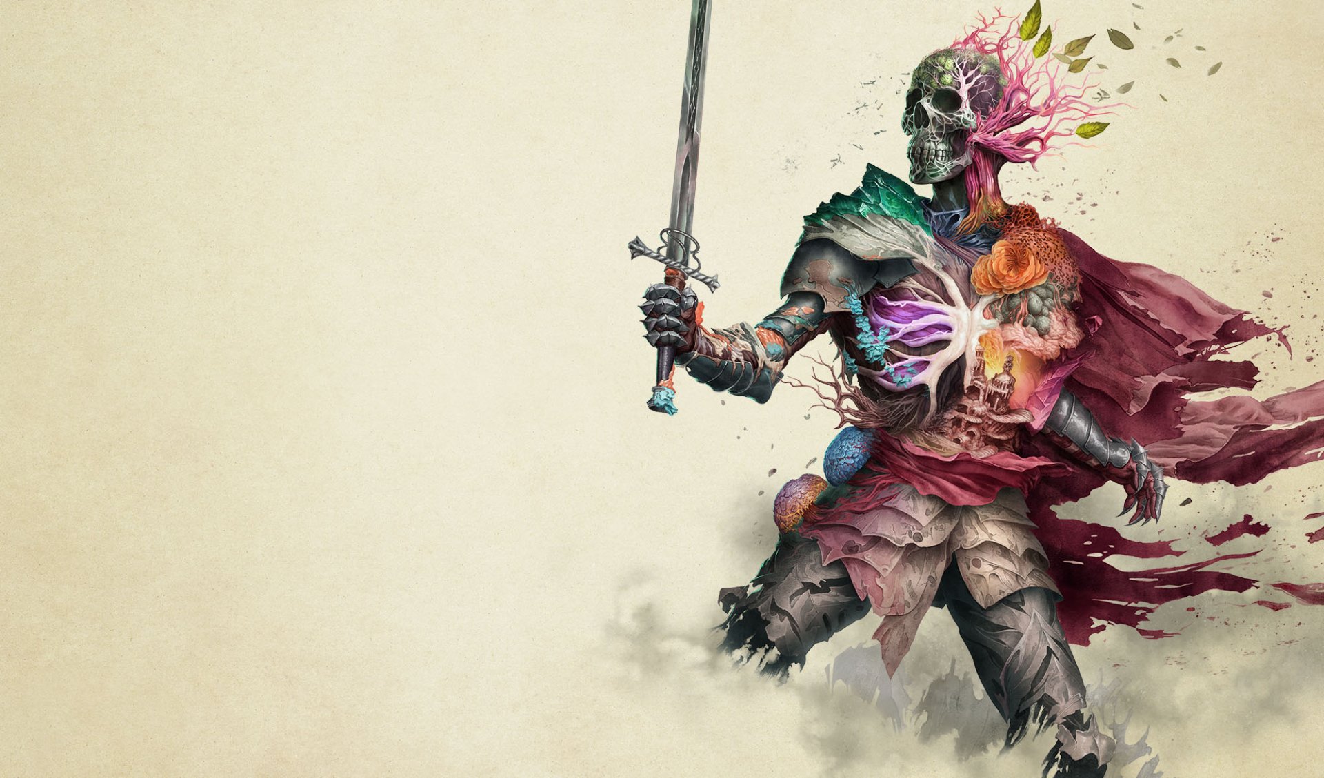 HD PC desktop wallpaper featuring a detailed armored warrior with a floral skull helmet, inspired by Avowed on Xbox, blending fantasy and surreal elements.