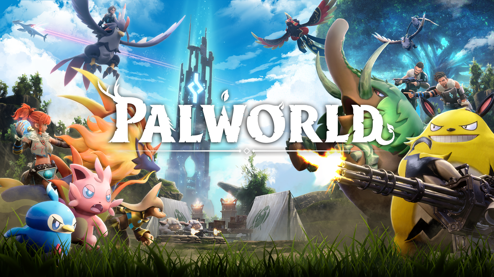 HD desktop wallpaper featuring characters and creatures from the video game Palworld.