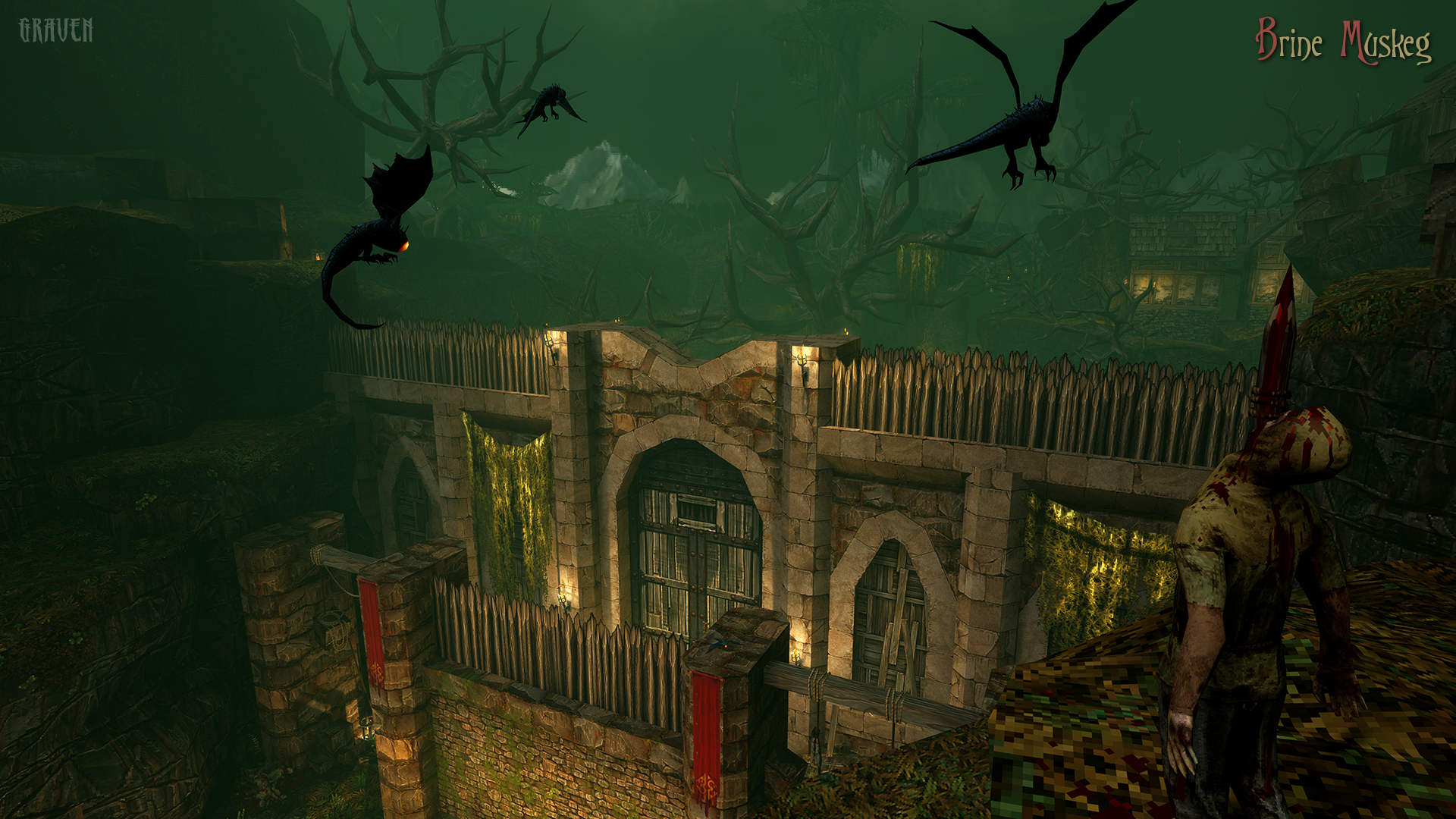 HD desktop wallpaper featuring a dark and atmospheric scene from the video game Graven, with an eerie bridge and mysterious landscape.