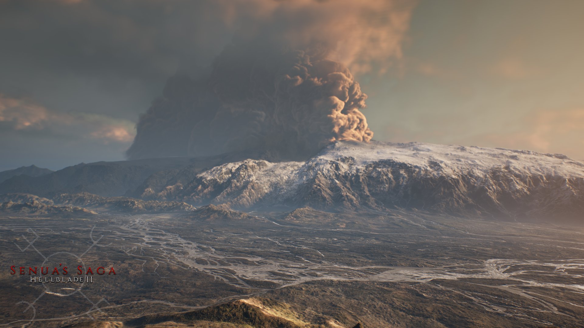 HD wallpaper of Senua's Saga: Hellblade II featuring a dramatic volcanic eruption scene for desktop background.