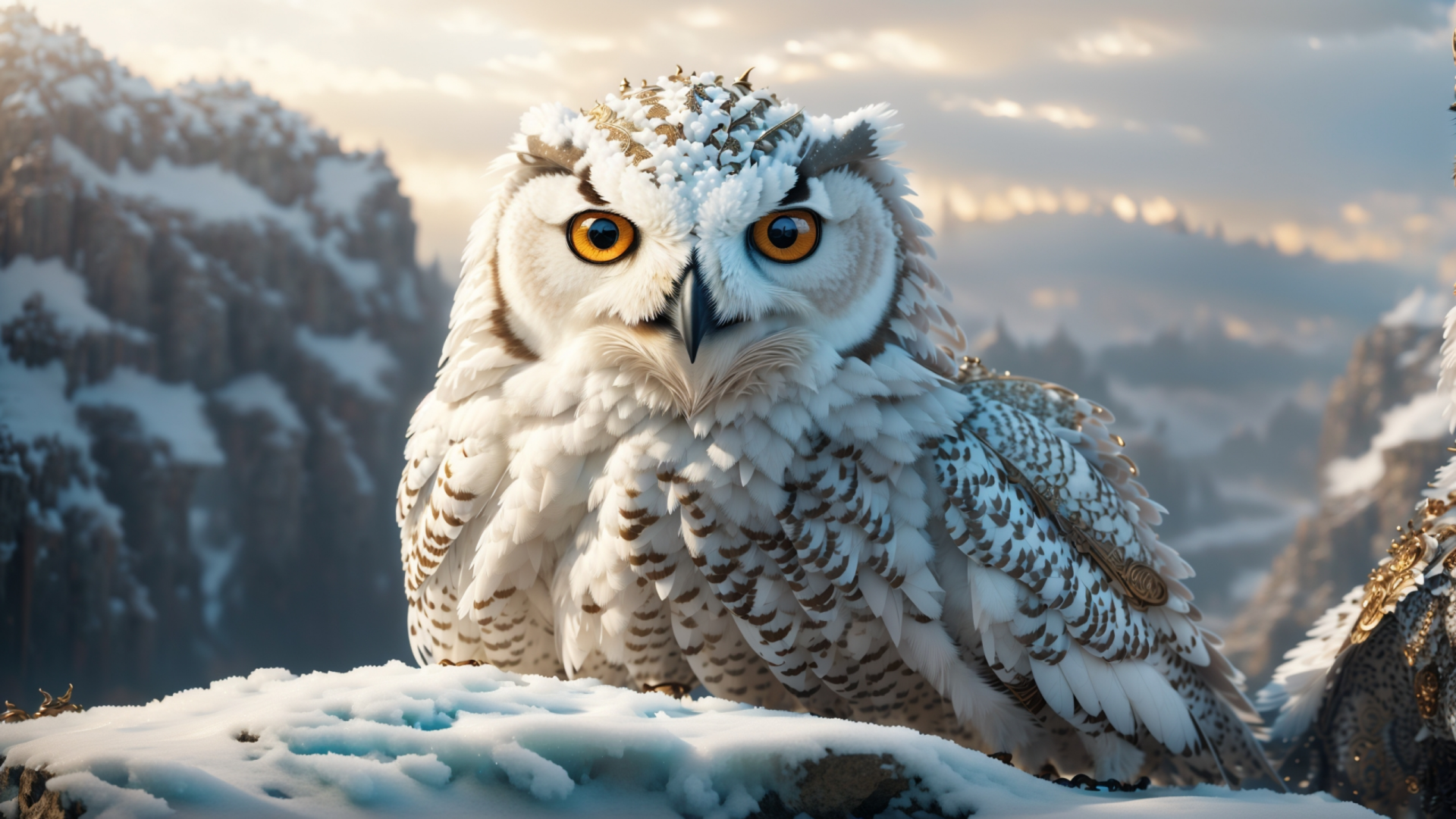 A white owl perched on snowy rocks against a backdrop of snow-covered mountains, captured in a high-definition desktop wallpaper.