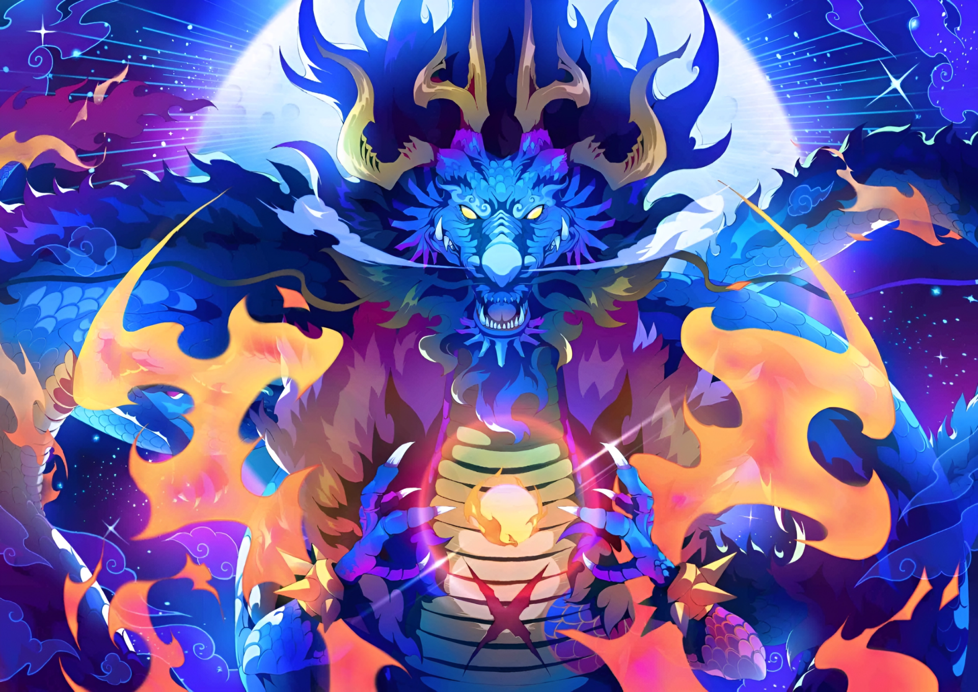 HD anime wallpaper featuring Kaido from One Piece in a dynamic, fiery and electric dragon form against a vibrant cosmic background.