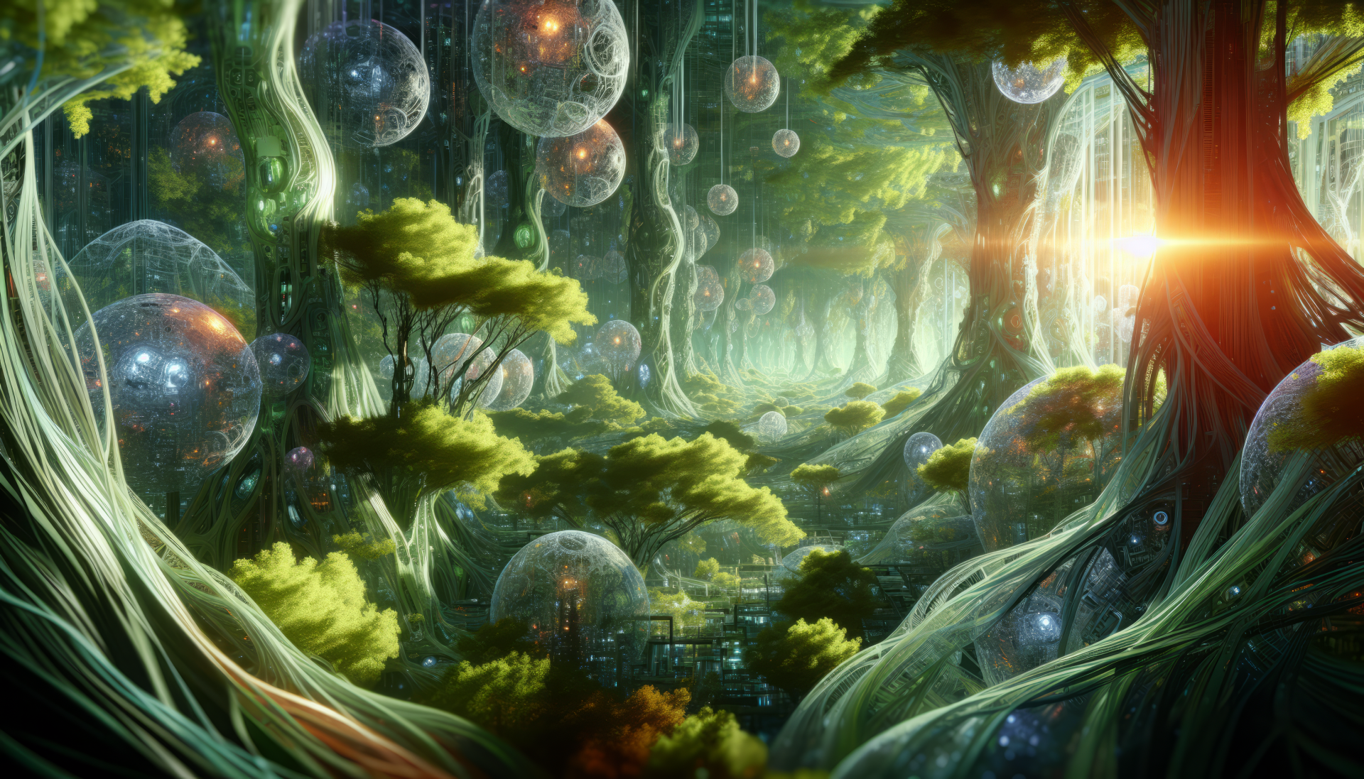 A vibrant, otherworldly forest with glowing foliage and ethereal bubbles, creating a surreal HD wallpaper that immerses viewers in a mystical landscape.