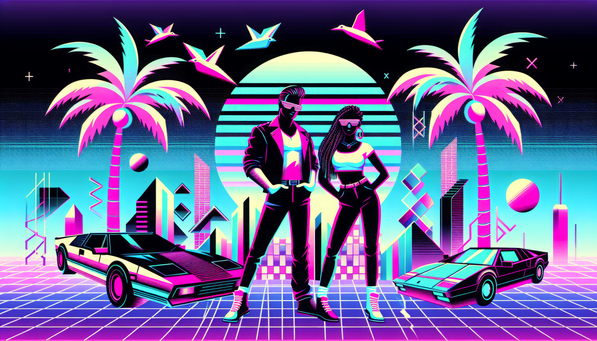 HD desktop wallpaper featuring stylized illustration of best friends with retro-futuristic aesthetic, including neon palm trees, sports cars, and geometric shapes.
