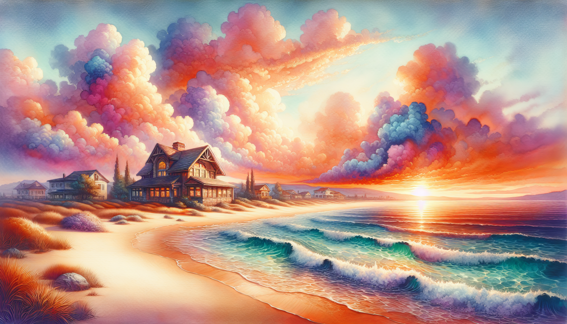 A vibrant beach house scene at sunset, featuring dramatic clouds and gentle waves, offers an inviting and serene coastal atmosphere in this HD desktop wallpaper.