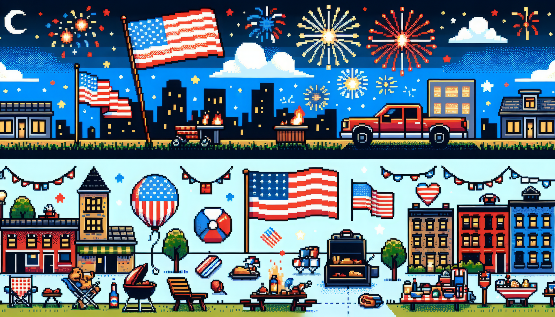 4th of July HD desktop wallpaper featuring fireworks, American flags, and festive city scene.