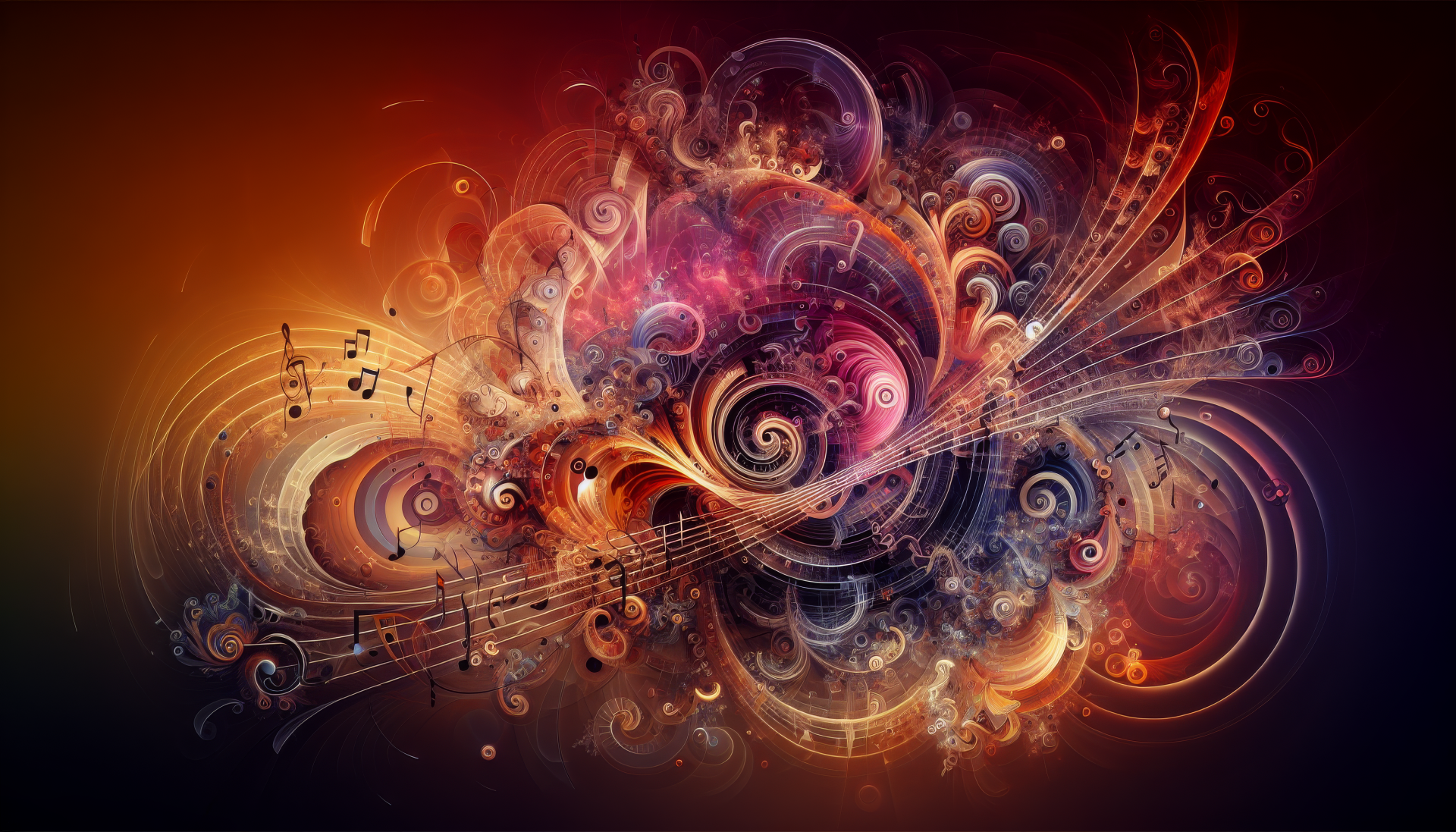 Abstract HD wallpaper with swirling patterns and musical notes in warm colors.