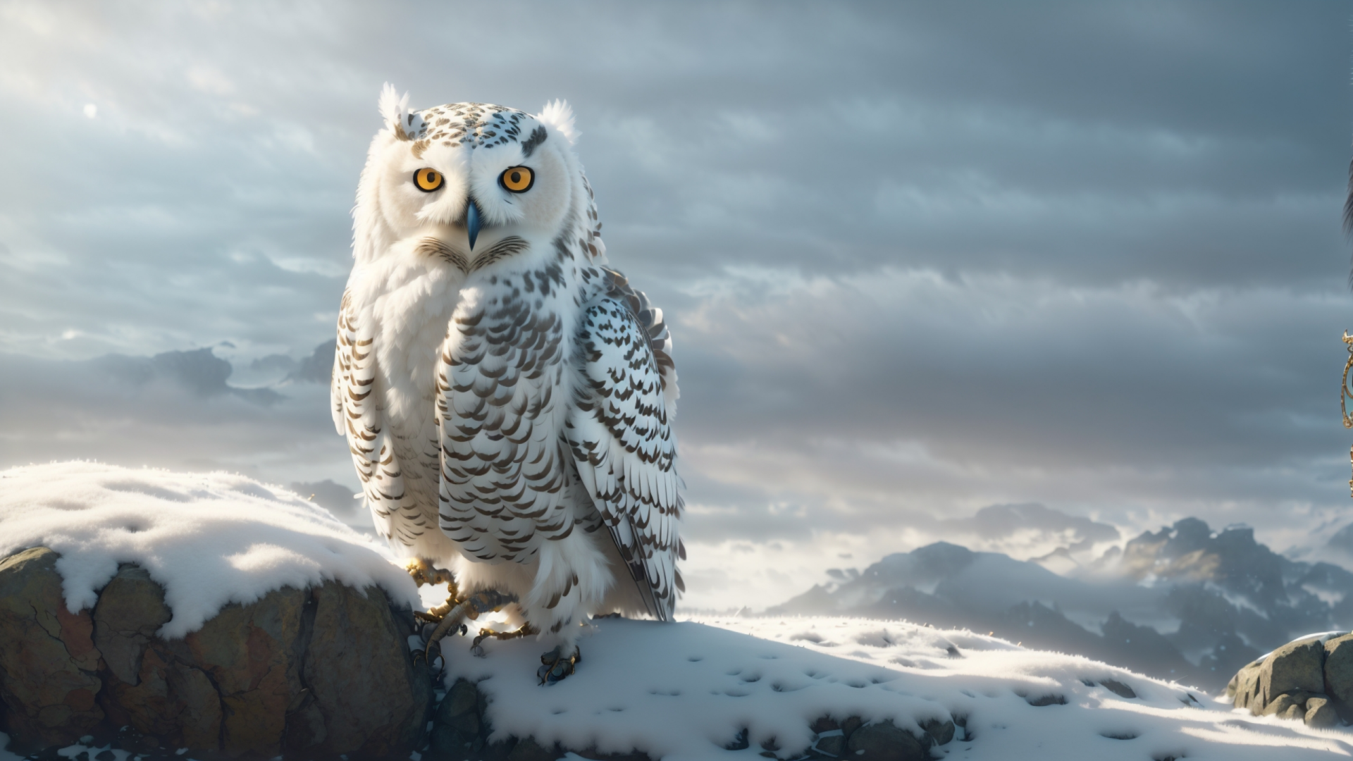 HD PC desktop wallpaper featuring a white owl perched on a snow-covered mountain with a cloudy sky backdrop.