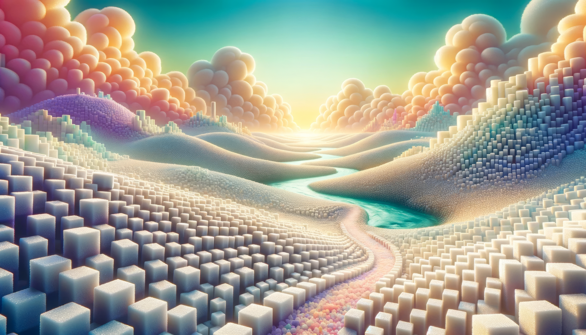 Surreal landscape of sugar cube formations with a scenic river pathway under a gradient dawn sky for HD desktop wallpaper.