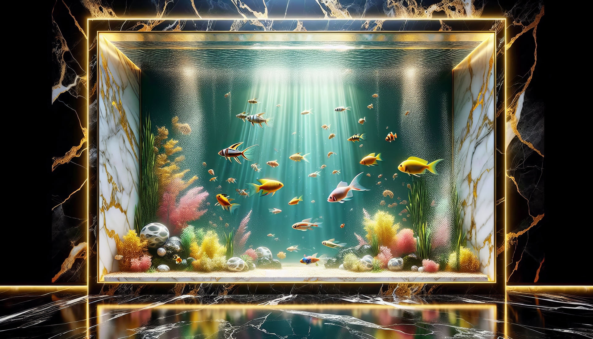 HD desktop wallpaper featuring a vibrant fish tank with colorful fish and underwater plants, illuminated by beams of light, encased in a golden frame.