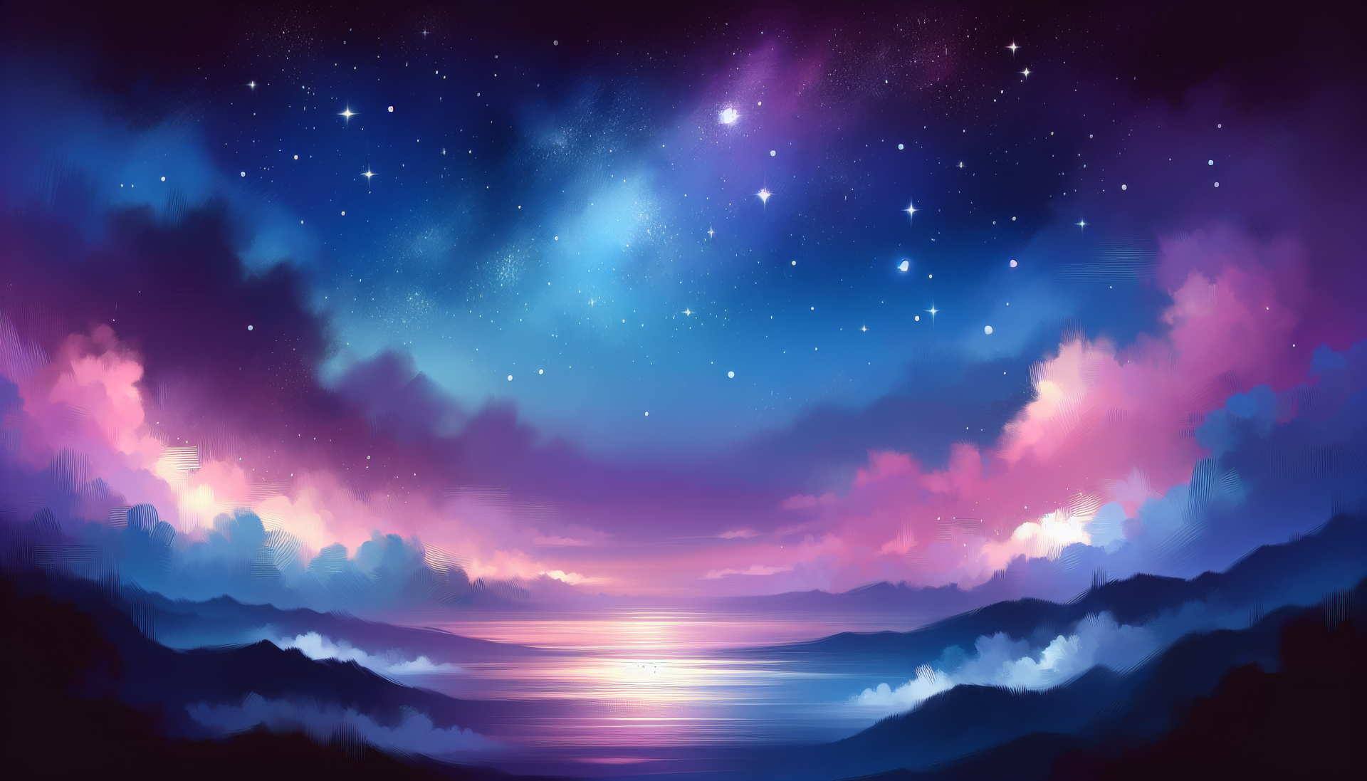 A stunning HD desktop wallpaper depicting a vibrant night sky filled with stars, colorful clouds, and a serene reflection on calm waters, creating a tranquil landscape.